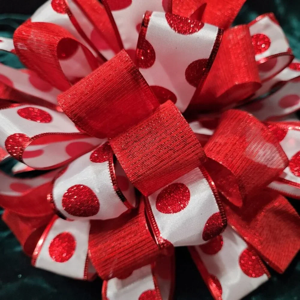 Christmas Tree Bow Topper, Red Polka Dot and Red Ribbon Bow Tree Topper 44 Loop‎